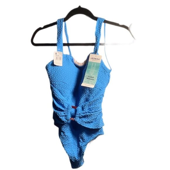 NWT Leonisa Blue One Piece Belted Flirty Slimming Moderate Coverage Swimsuit M - Picture 2 of 4